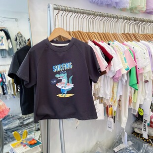 男童恐龙短袖T恤夏季深灰色印花卡通上衣男孩夏装汗衫半袖儿童潮