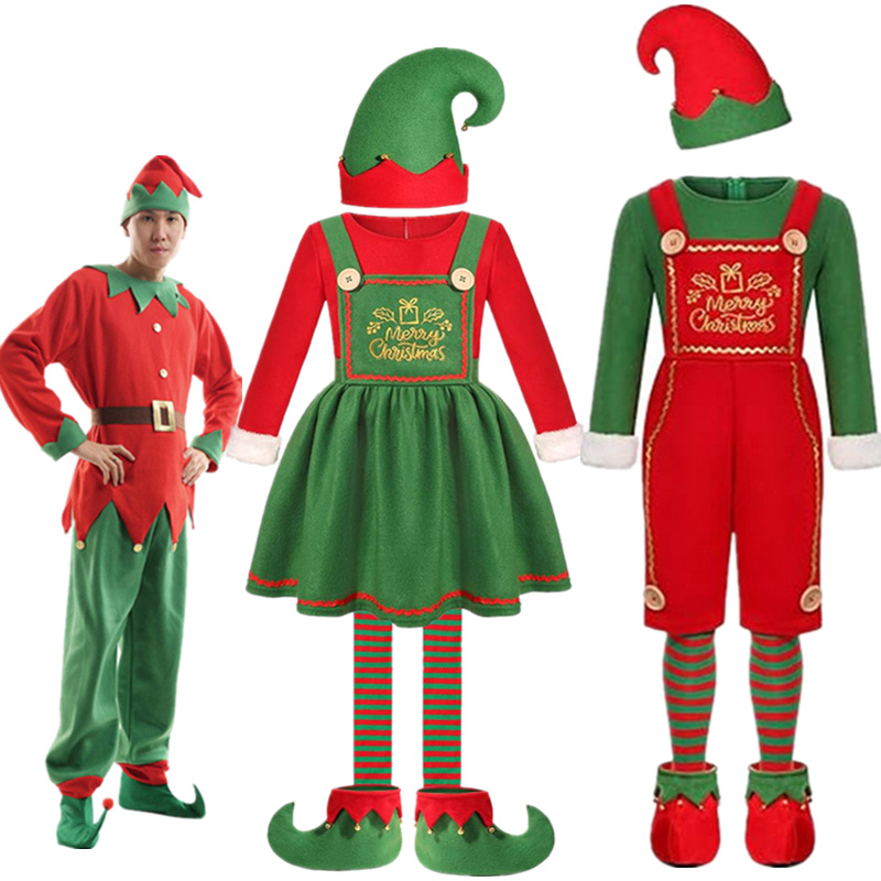 新款成人儿童圣诞精灵扮演万圣节红绿精灵圣诞亲子装派对表演服