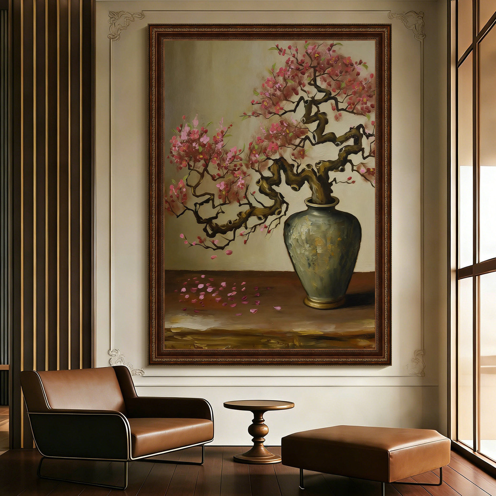 花落闲庭中古风粉花古树青瓷手绘油画古典客厅装饰画花盆玄关挂画