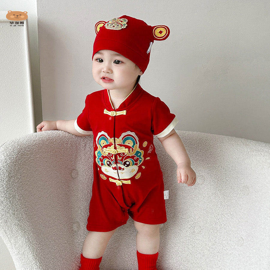 婴儿衣服夏装男宝宝唐装周岁礼服一岁抓周夏季薄款连体衣喜庆中式