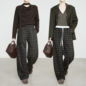 夏莫卡美拉德格子裤 6853 羊毛阔腿裤 秋松紧腰直筒裤 咖色格纹休闲裤