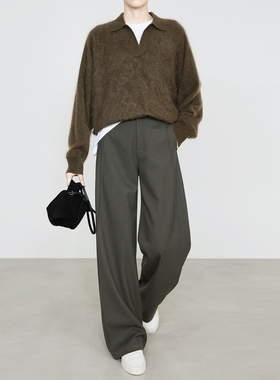 夏莫卡榉木绿阔腿裤女秋高智风天丝休闲裤显瘦加长羊毛西装裤9738