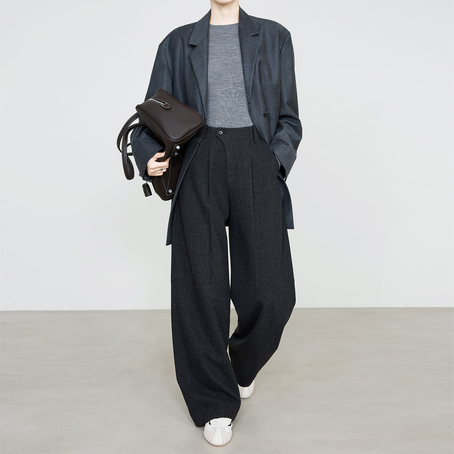 夏莫卡灰色斜门襟羊毛阔腿裤