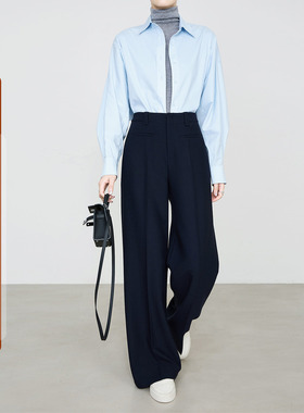 夏莫卡藏青色西装裤女秋冬新品宽松垂顺藏腿型显瘦窄版阔腿裤7933