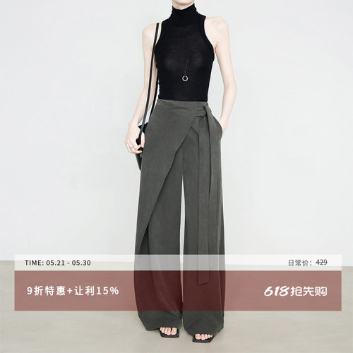 夏莫卡一体式腰带斜门襟阔腿裤