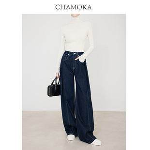 加长704 原牛蓝牛仔阔腿裤 夏莫卡阔腿牛仔裤 女全棉翻褶丹宁直筒裤