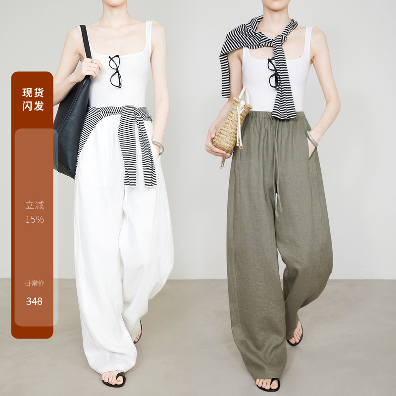 夏莫卡老钱风100%亚麻直筒裤