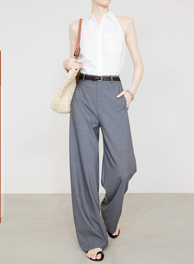 夏莫卡灰色西装裤女薄微弧天丝阔腿裤垂感休闲裤醋酸直筒裤夏9701