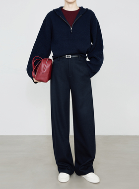 夏莫卡老钱风绵羊毛阔腿裤女秋冬通勤直筒裤厚高智藏蓝毛呢裤6861