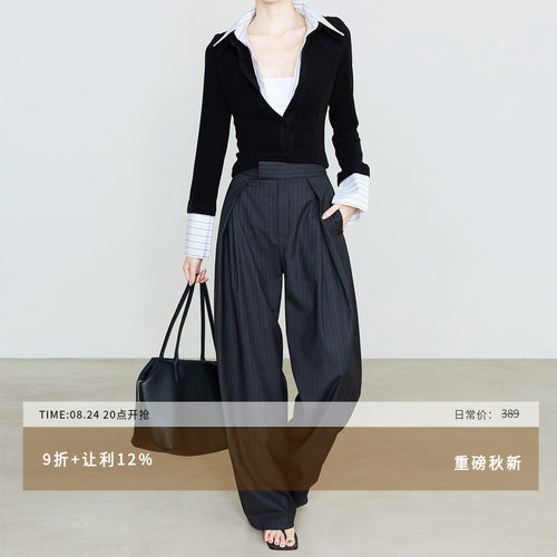 夏莫卡通勤阔腿条纹西装裤显瘦