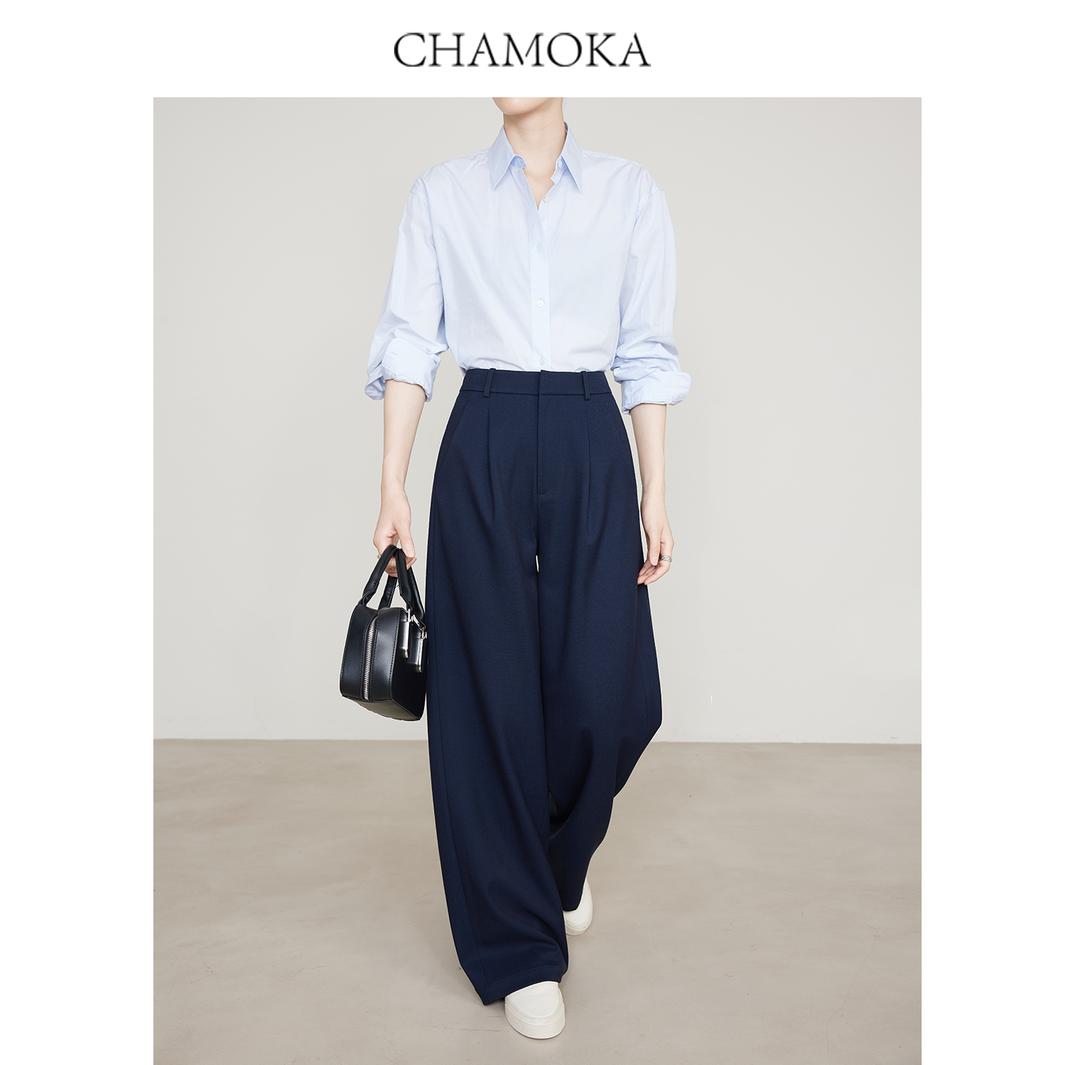 夏莫卡通勤高腰藏青色镰刀裤