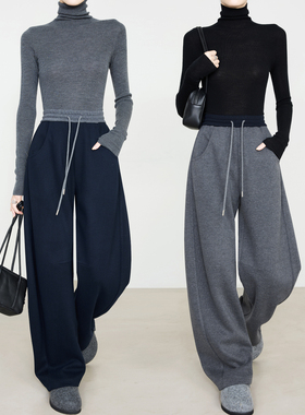 夏莫卡撞色卫裤高腰宽松弯刀裤松紧腰阔腿裤抽绳显瘦香蕉裤春7957