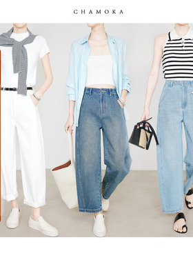 夏莫卡白色牛仔裤女2025春夏新款遮胯直筒裤弯月裤显瘦九分裤8323