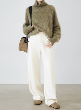 夏莫卡老钱风冬厚强缩羊毛白色西装裤保暖宽松显瘦微阔直筒裤9764