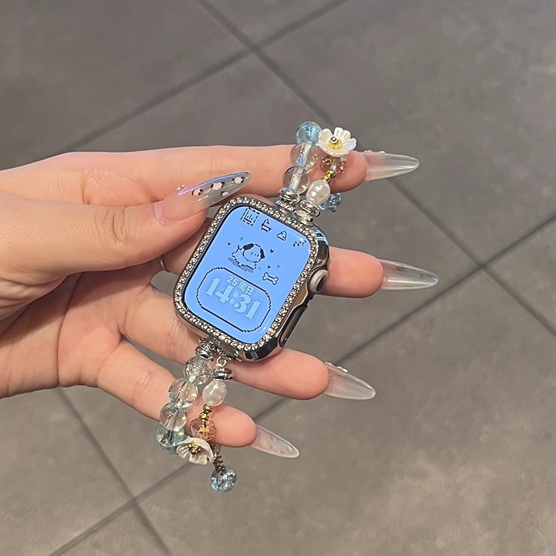 适用苹果手表S10表带9水晶花朵串珠iWatchs8/7/6/5/4/3替换表带手链式42mm/38/40/41/44/45/49