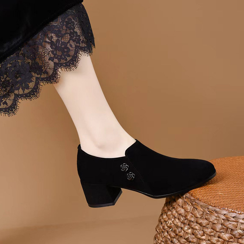 新款女鞋黑色反绒皮乐福鞋女中跟粗跟深口单鞋Y磨砂绒面休闲百搭,女鞋,深口单鞋,淘宝优惠券,粉丝福利购,淘宝优惠卷