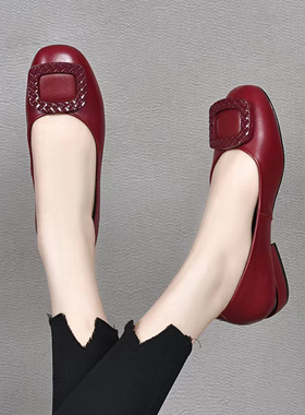头层牛皮真皮单鞋一脚蹬低跟软底春秋季女士皮鞋时尚红色妈妈鞋SN