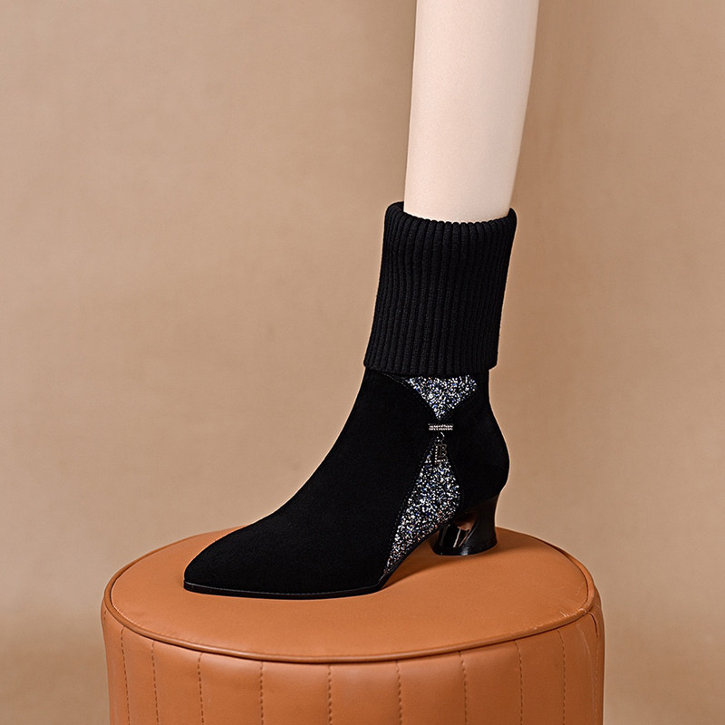 冬季针织毛线筒弹力短靴女尖头粗跟亮片瘦瘦靴百搭加绒女靴新款,女鞋,弹力靴/袜靴,淘宝优惠券,粉丝福利购,淘宝优惠卷