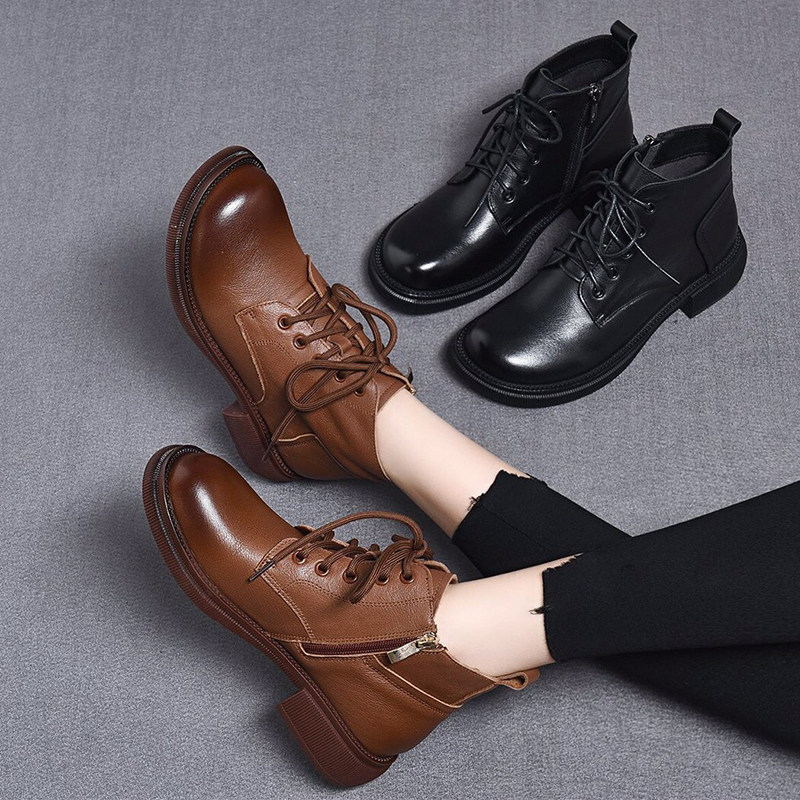 真皮短靴女鞋子单靴加绒保暖棉鞋加厚马丁靴秋冬季百搭爆款靴子