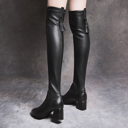 长筒靴粗跟弹力自产自销