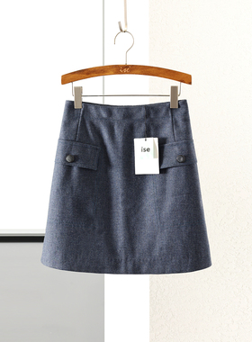 ise正品三标齐全 深蓝色初秋千鸟格绵羊毛毛呢A字半身裙P1940502