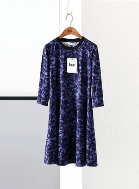 ise专柜正品蓝紫色圆领数码印花八分袖中长款连衣裙K1810725-1489