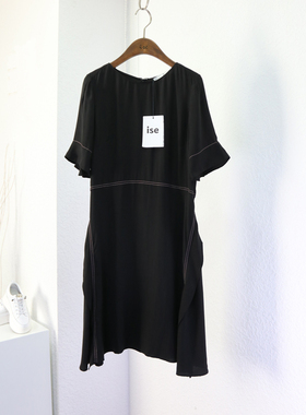 ise专柜正品夏圆领巨显瘦通勤优雅荷叶袖黑色连衣裙1820709-2289
