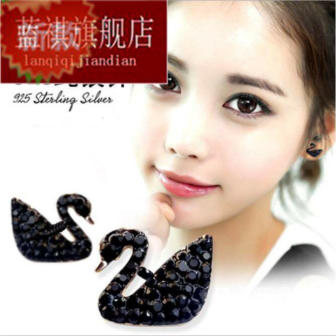 新款925纯银耳饰新款个性黑色小天鹅气质耳环纯银耳钉耳坠女防过