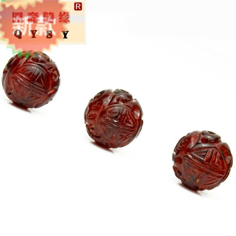 再造缅甸琥珀血珀原石精雕龙珠散珠圆珠顶珠DIY佛珠手串手链配件