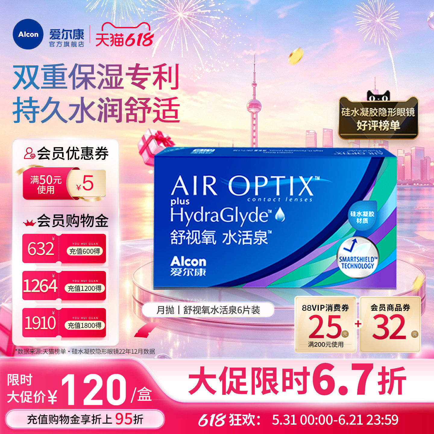 爱尔康视康水活泉6片硅水凝胶近视隐形眼镜月抛运动双重保湿水润