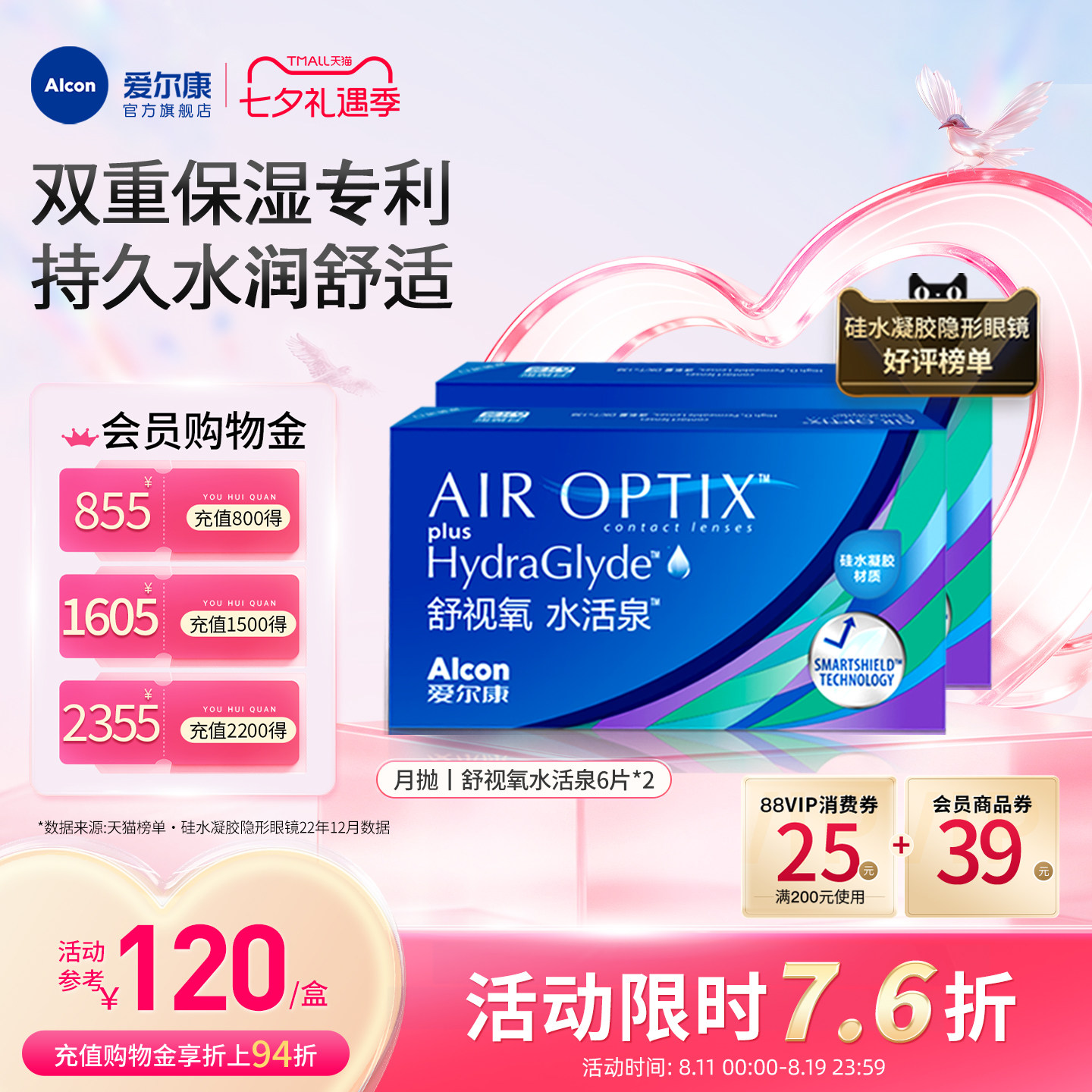 双重保湿持久水润爱尔康隐形眼镜水活泉月抛6片