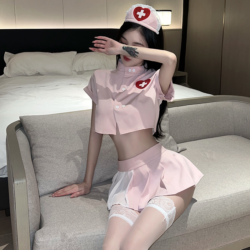 萝莉直播护士cosplay制服少女口水变装可爱粉色主播镂空低胸热舞-封面