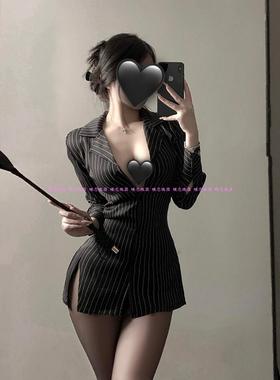 OL御姐性感风低胸撞色条纹衬衣夜店女装修身收腰显瘦制服衬衫上衣