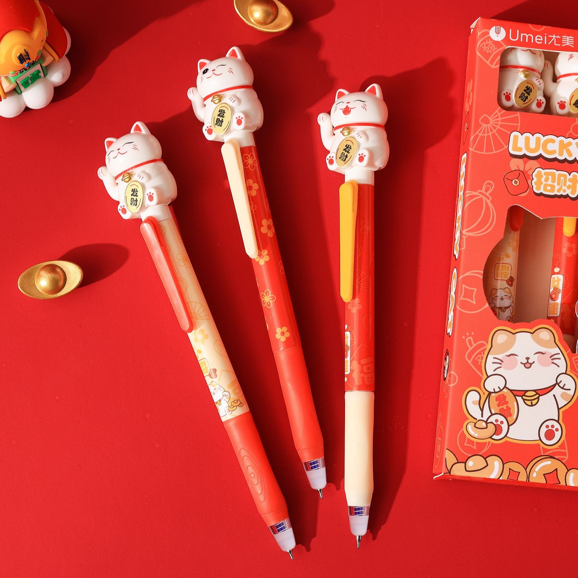 招财喵喵按动中性笔黑笔ins风网红高颜值创意黑色CS笔尖水笔小学生考试顺滑好写刷题笔招财猫按压式签字笔