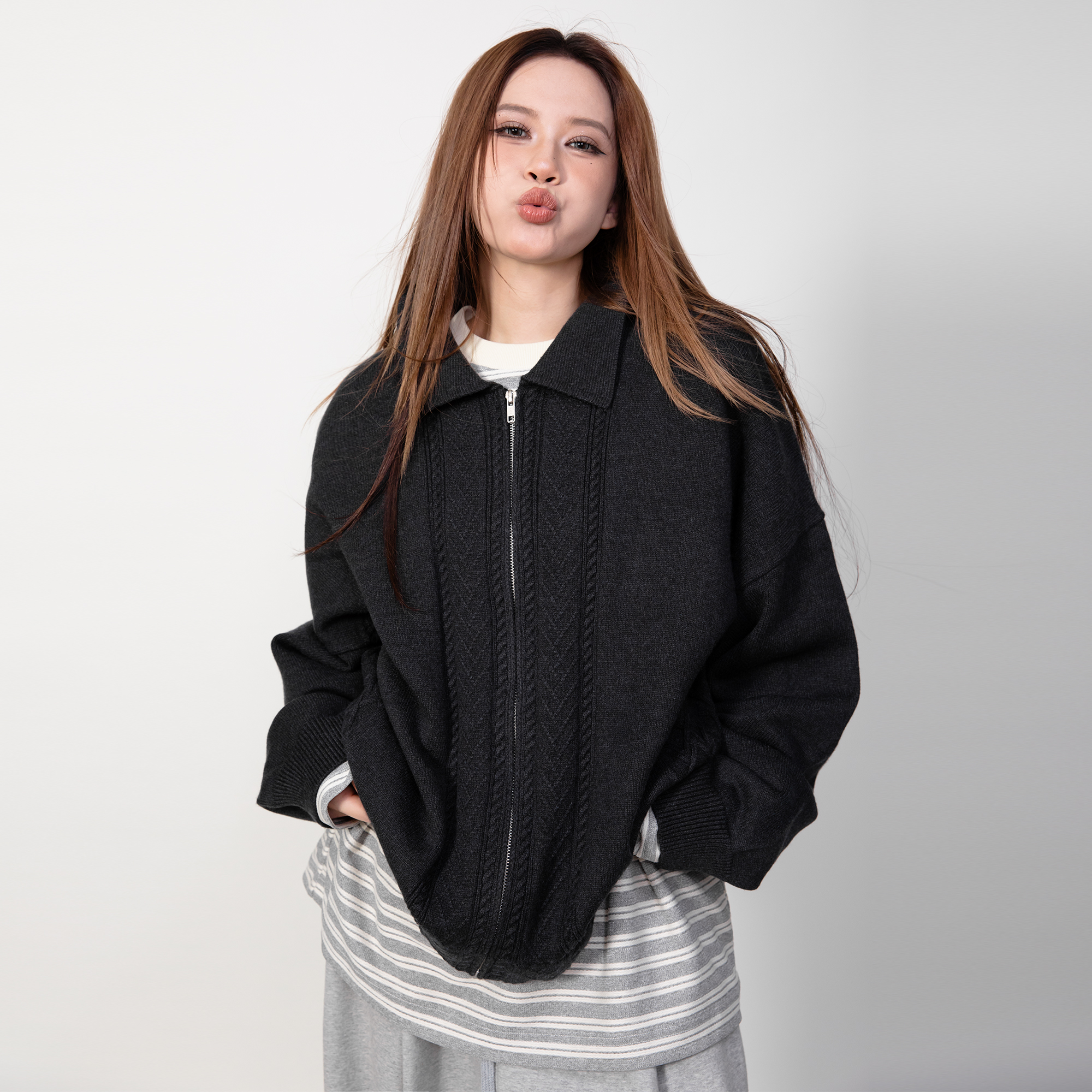 RHOMEHOUSE 韩系ins风慵懒针织复古重磅粗线花纹开衫女毛衣外套