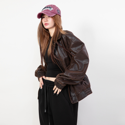 RHOMEHOUSE 韩风美拉德做旧pu肌理女春秋冬短款正肩宽松外套皮衣