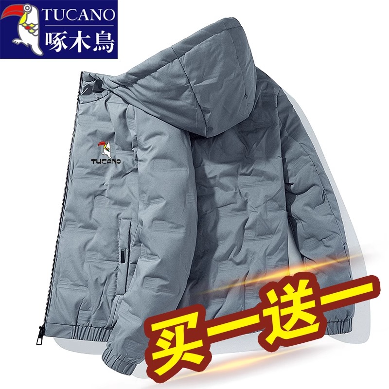 啄木鸟连帽羽绒服男士短款2024新款冬季潮牌棉衣棉袄加厚冬装外套