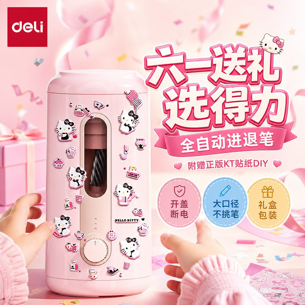 得力粉色大口径自动削笔机小学生专用赠正版Kitty贴纸DIY套装
