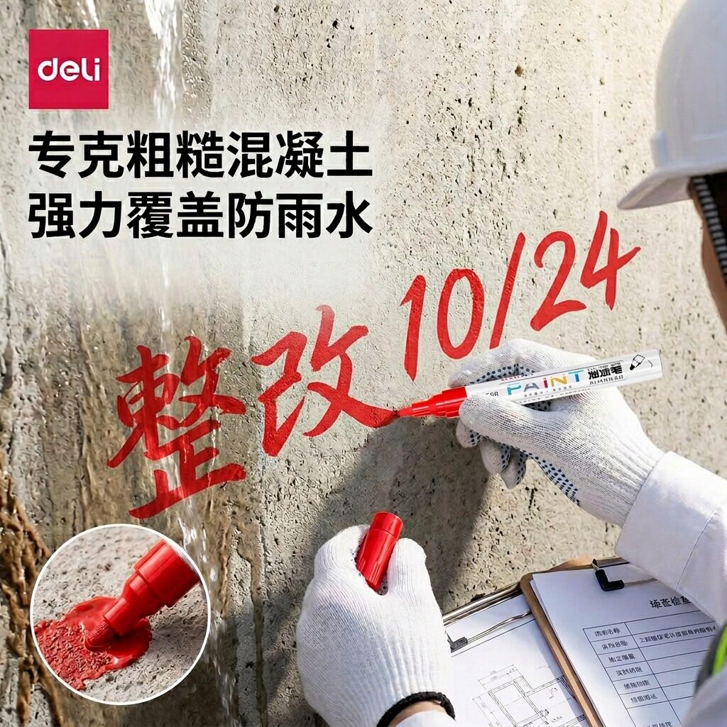 得力水泥混凝土毛坯墙面施工进度标记记号笔户外防水防晒遇油不掉色油漆笔防篡改划线不易褪色油性速干
