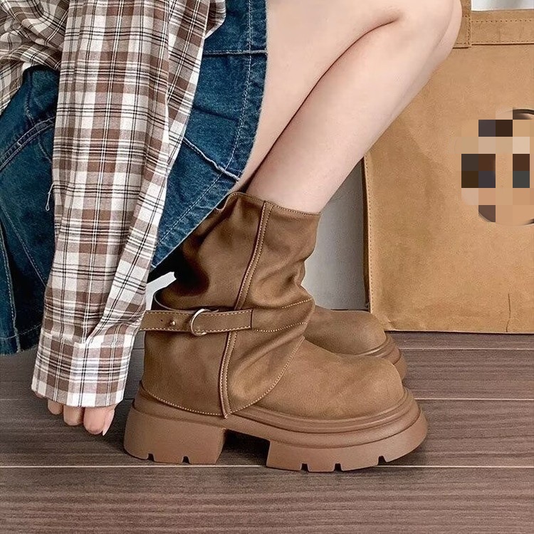 厚底增高马丁靴女2025秋季新款时尚复古粗跟棕色堆堆靴短筒裤管靴