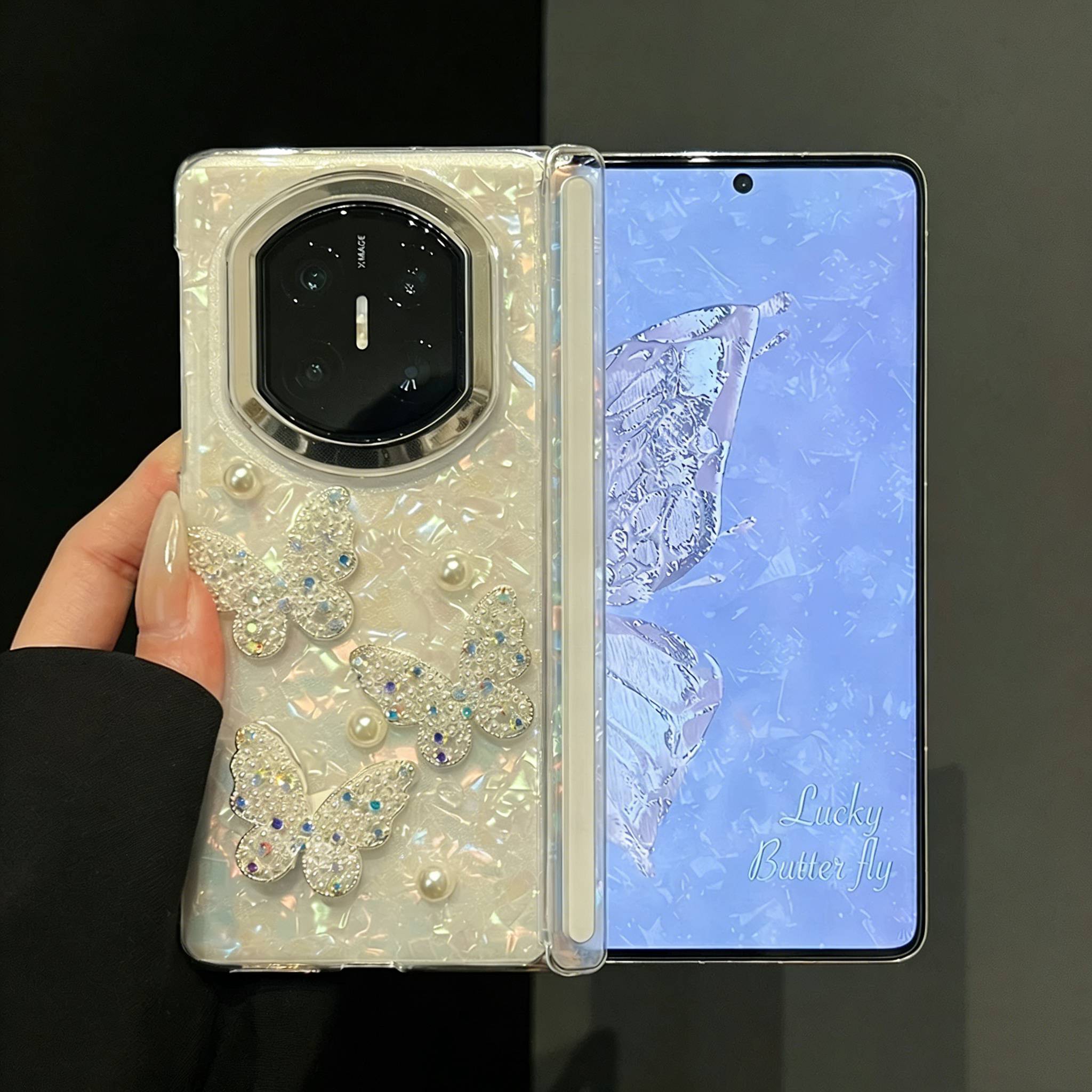 贝壳纹双中轴立体珍珠蝴蝶结适用华为matex7手机壳新款高级感女款X5折叠屏新款高级外壳x3中轴全包防摔手机套