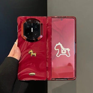 立体金色小马适用华为matex7手机壳红丝绒带前框2026新款高级感x5典藏版双边中轴全包防摔保护套x5带挂绳外壳