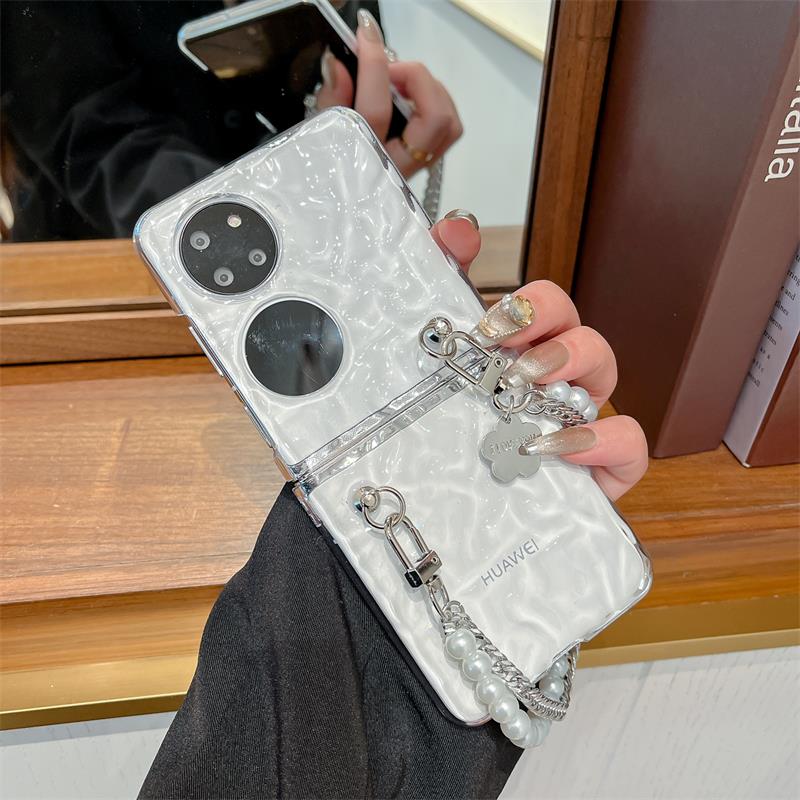 适用华为pocket2手机壳海浪纹斜挎珍珠手提链p50pocket折叠屏新款透明外壳pockets宝盒翻盖女防摔网红保护套