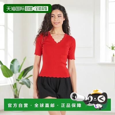 欧洲直邮Pieces衣服女女士罩衫宽松短袖衫红色PCJULINE SS V-NECK