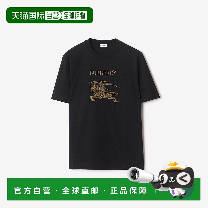 自营欧洲直邮Burberry博柏利 EKD系列男士黑色棉短袖马术骑士徽标
