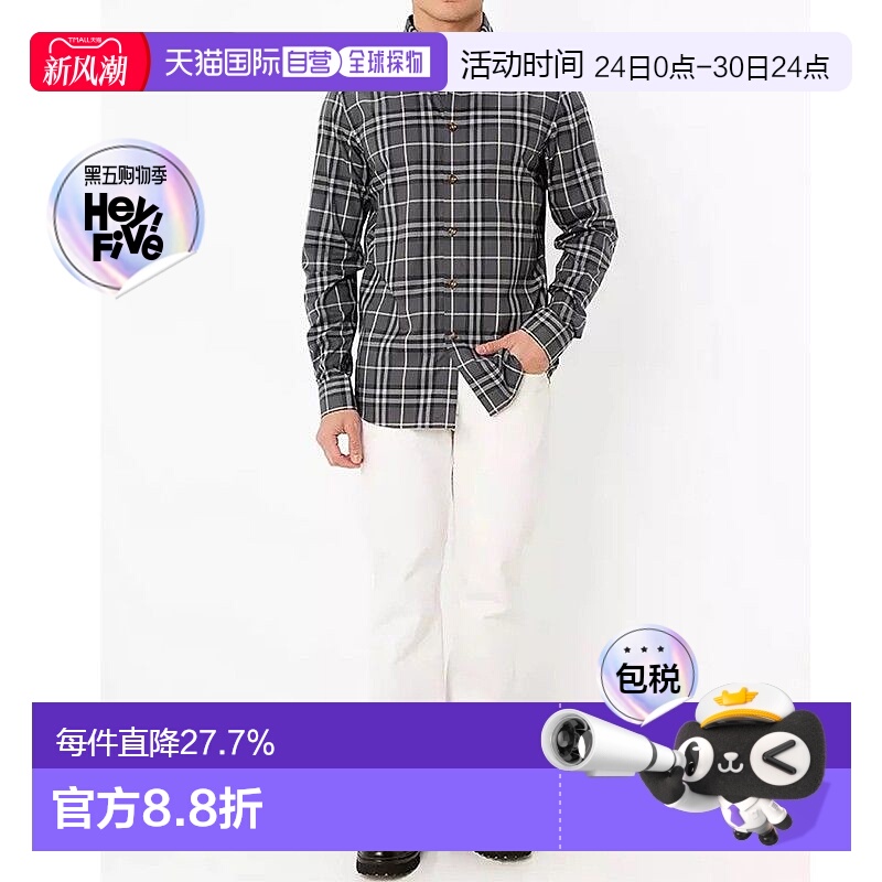 自营BURBERRY/博柏利 男士灰色棉质格纹单排扣长袖衬衫