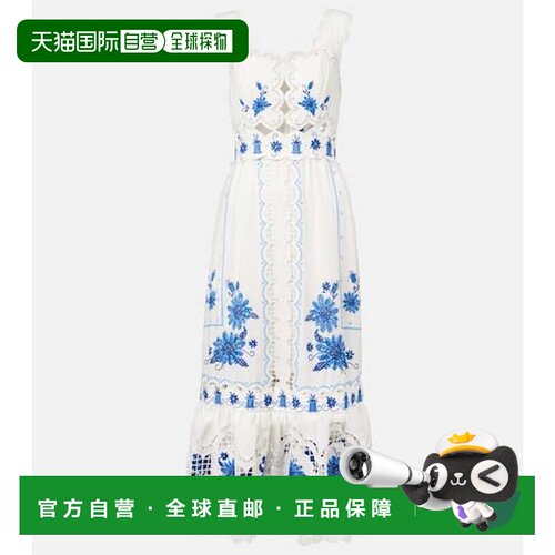 1h可退 香港直邮FARM RIO 女士 刺绣亚麻混纺中长连衣裙性感吊带