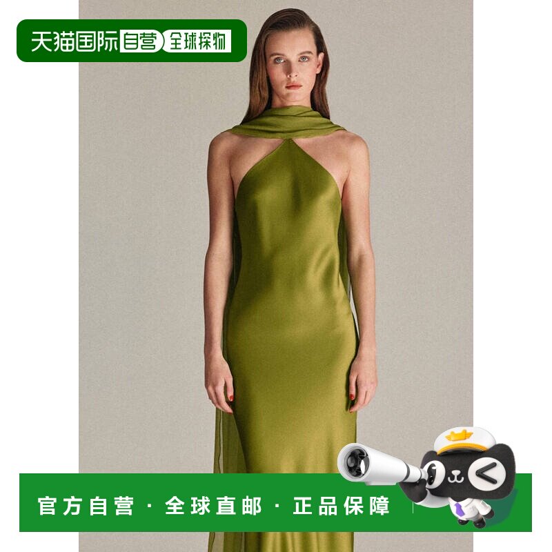 自营欧洲直邮MANGO 女士绿色醋酯纤维缎面美式袖笼连衣裙长裙性感图片