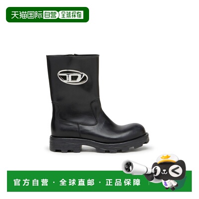 自营欧洲直邮Diesel迪赛 D-Hammer 女士黑色皮革镂空logo机车靴