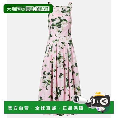 1h可退 香港直邮CAROLINA HERRERA 女士 花朵褶裥棉混纺中长连衣